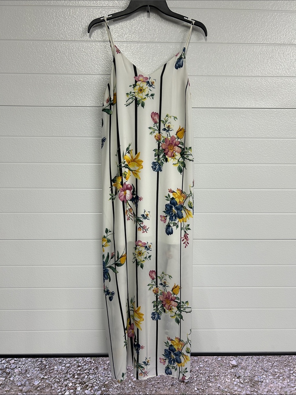 Le Lis White Floral Maxi Slip Dress with Vertical Stripes